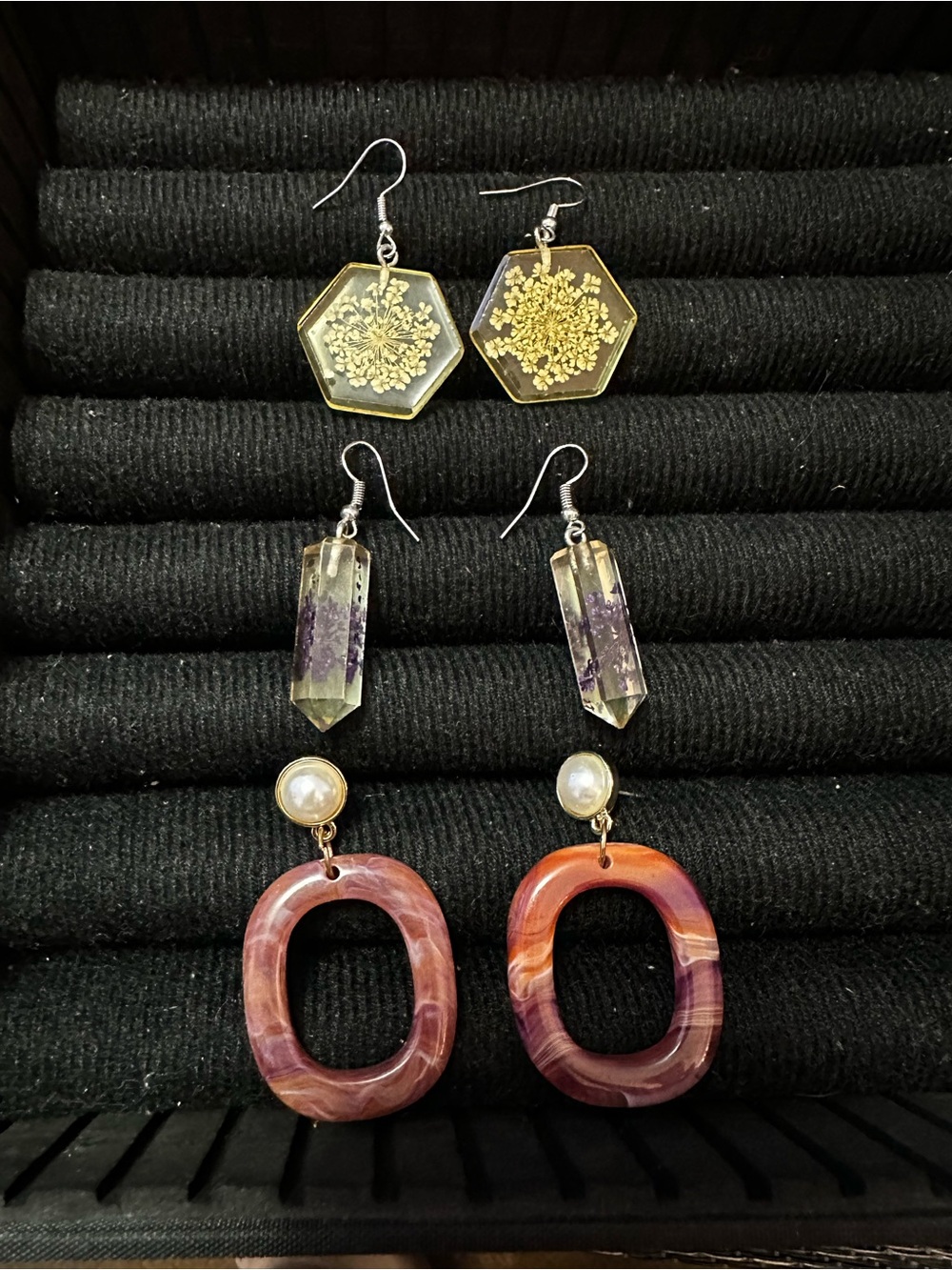 Purple Marble Resin Hoop Earrings with Pearl Accent